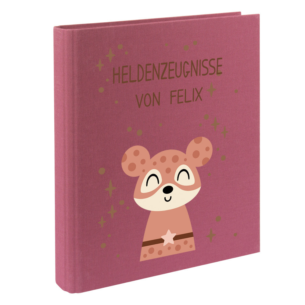 Zeugnismappe mit Namen personalisiert aus Leinen Schulkind Geschenk zur Einschulung Motiv Superheld Maus