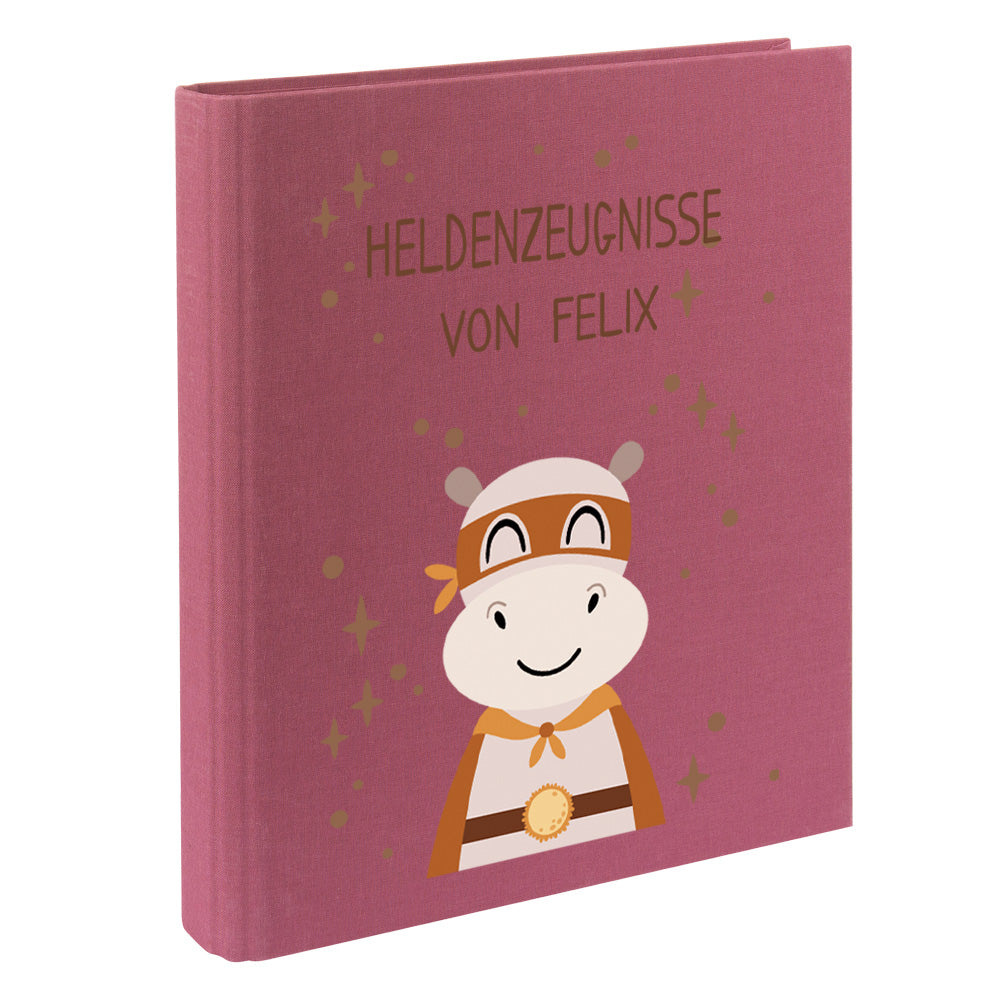 Zeugnismappe mit Namen personalisiert aus Leinen Schulkind Geschenk zur Einschulung Motiv Superheld Nilpferd