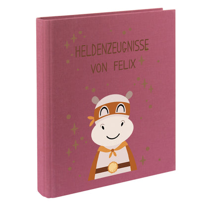 Zeugnismappe mit Namen personalisiert aus Leinen Schulkind Geschenk zur Einschulung Motiv Superheld Nilpferd