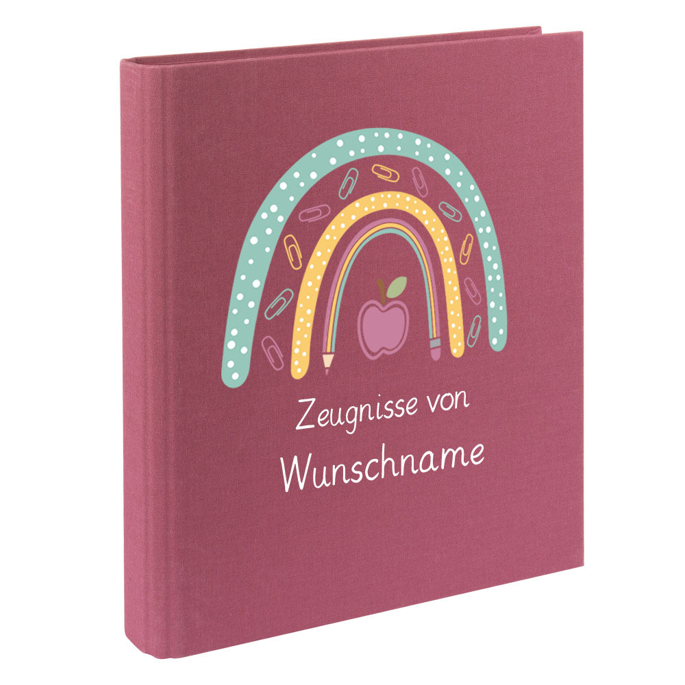 Zeugnismappe mit Namen personalisiert aus Leinen Schulkind Geschenk zur Einschulung Motiv Stiftebogen