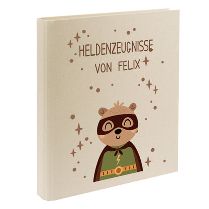 Zeugnismappe mit Namen personalisiert aus Leinen Schulkind Geschenk zur Einschulung Motiv Superheld Bär
