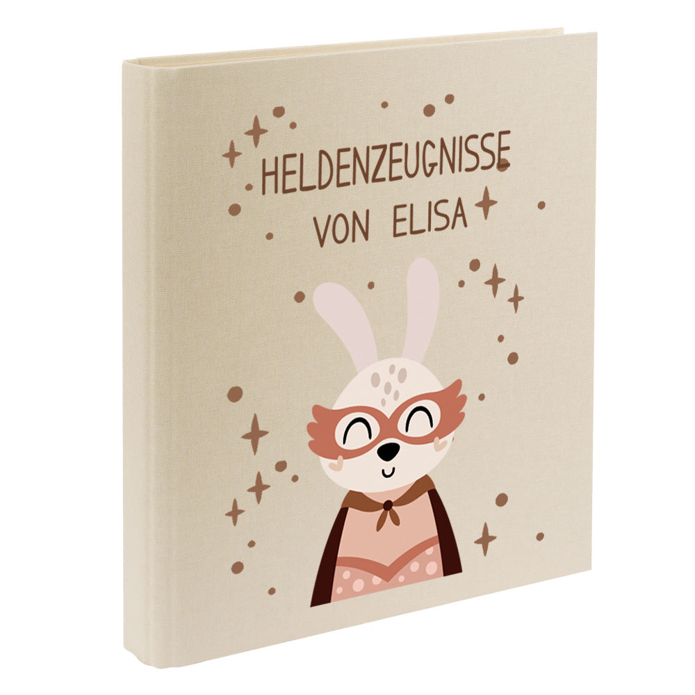 Zeugnismappe mit Namen personalisiert aus Leinen Schulkind Geschenk zur Einschulung Motiv Superheld Hase