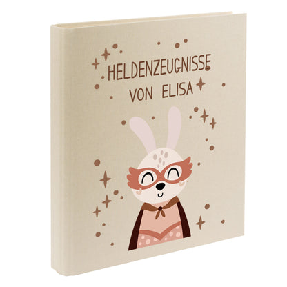 Zeugnismappe mit Namen personalisiert aus Leinen Schulkind Geschenk zur Einschulung Motiv Superheld Hase