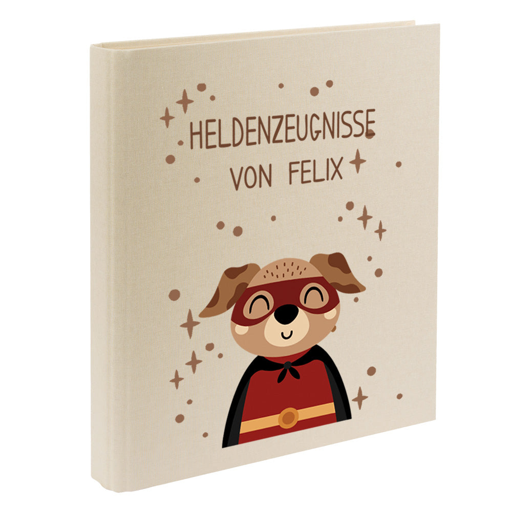 Zeugnismappe mit Namen personalisiert aus Leinen Schulkind Geschenk zur Einschulung Motiv Superheld Hund