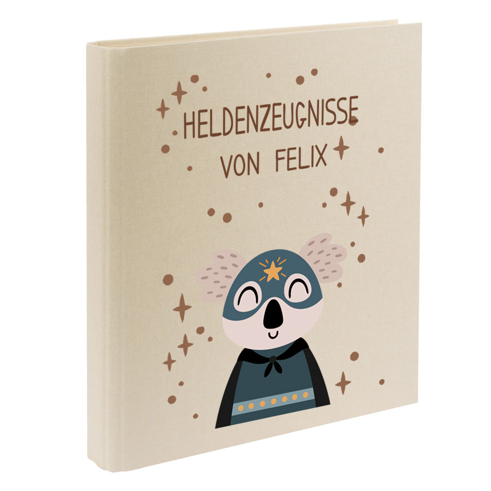 Zeugnismappe mit Namen personalisiert aus Leinen Schulkind Geschenk zur Einschulung Motiv Superheld Koala