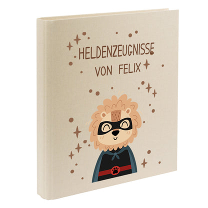 Zeugnismappe mit Namen personalisiert aus Leinen Schulkind Geschenk zur Einschulung Motiv Superheld Löwe