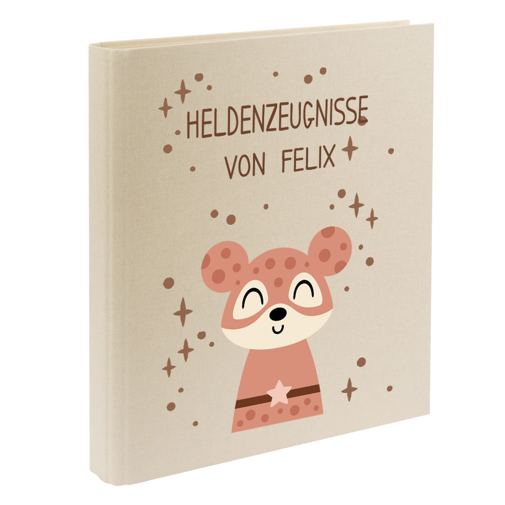 Zeugnismappe mit Namen personalisiert aus Leinen Schulkind Geschenk zur Einschulung Motiv Superheld Maus