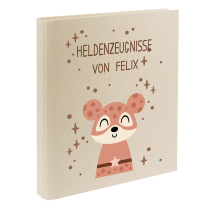 Zeugnismappe mit Namen personalisiert aus Leinen Schulkind Geschenk zur Einschulung Motiv Superheld Maus