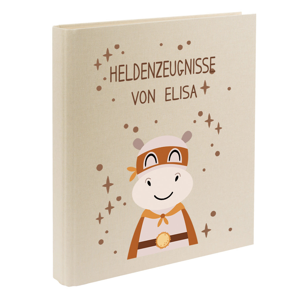 Zeugnismappe mit Namen personalisiert aus Leinen Schulkind Geschenk zur Einschulung Motiv Superheld Nilpferd