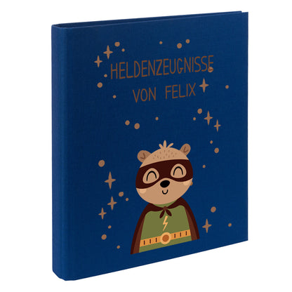 Zeugnismappe mit Namen personalisiert aus Leinen Schulkind Geschenk zur Einschulung Motiv Superheld Bär