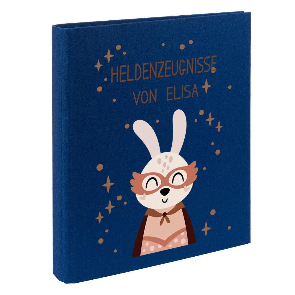 Zeugnismappe mit Namen personalisiert aus Leinen Schulkind Geschenk zur Einschulung Motiv Superheld Hase