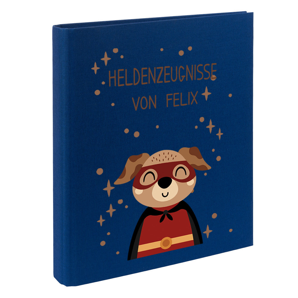 Zeugnismappe mit Namen personalisiert aus Leinen Schulkind Geschenk zur Einschulung Motiv Superheld Hund