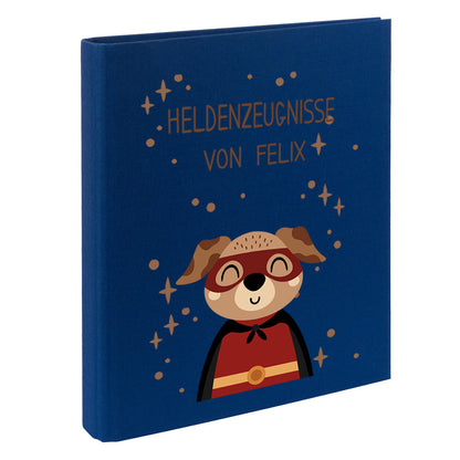Zeugnismappe mit Namen personalisiert aus Leinen Schulkind Geschenk zur Einschulung Motiv Superheld Hund