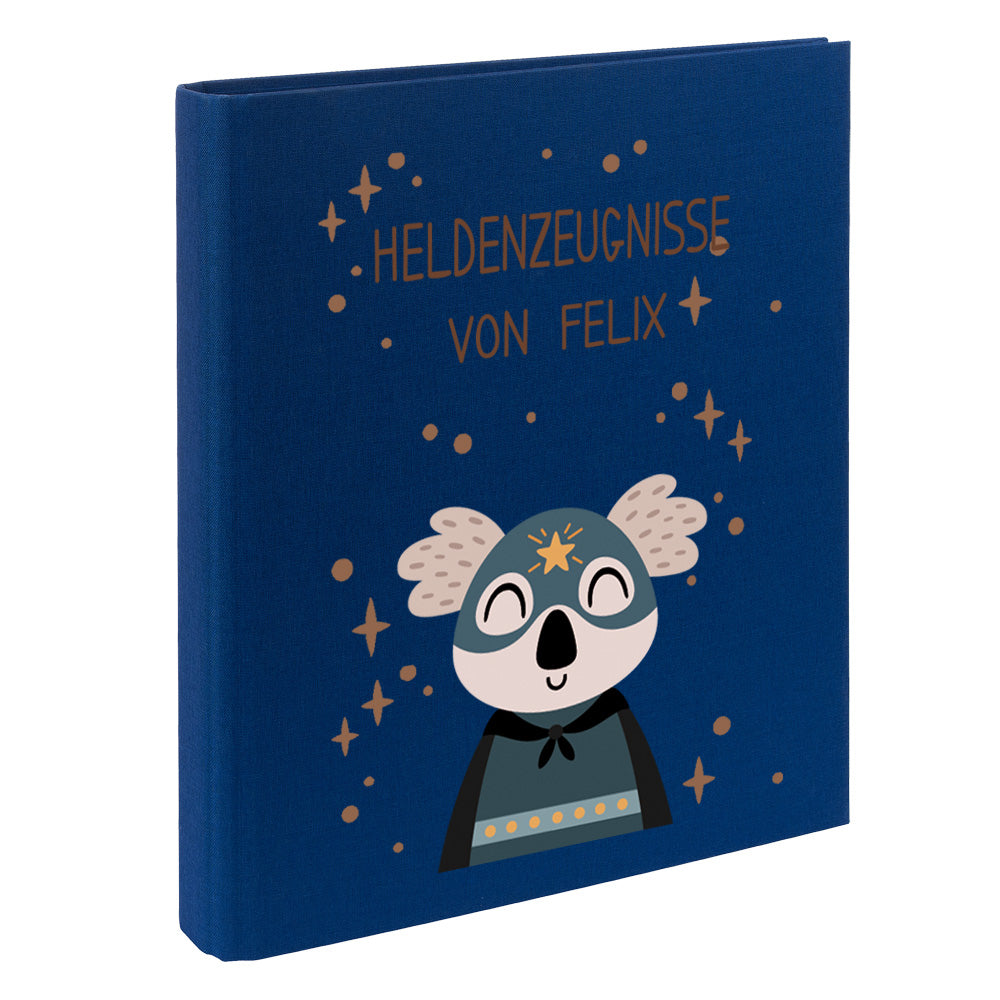 Zeugnismappe mit Namen personalisiert aus Leinen Schulkind Geschenk zur Einschulung Motiv Superheld Koala