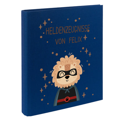 Zeugnismappe mit Namen personalisiert aus Leinen Schulkind Geschenk zur Einschulung Motiv Superheld Löwe