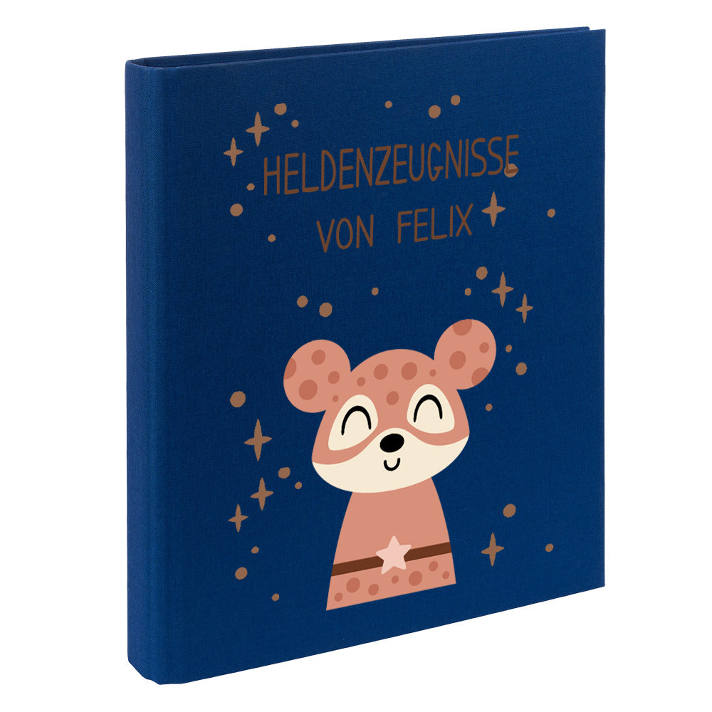 Zeugnismappe mit Namen personalisiert aus Leinen Schulkind Geschenk zur Einschulung Motiv Superheld Maus