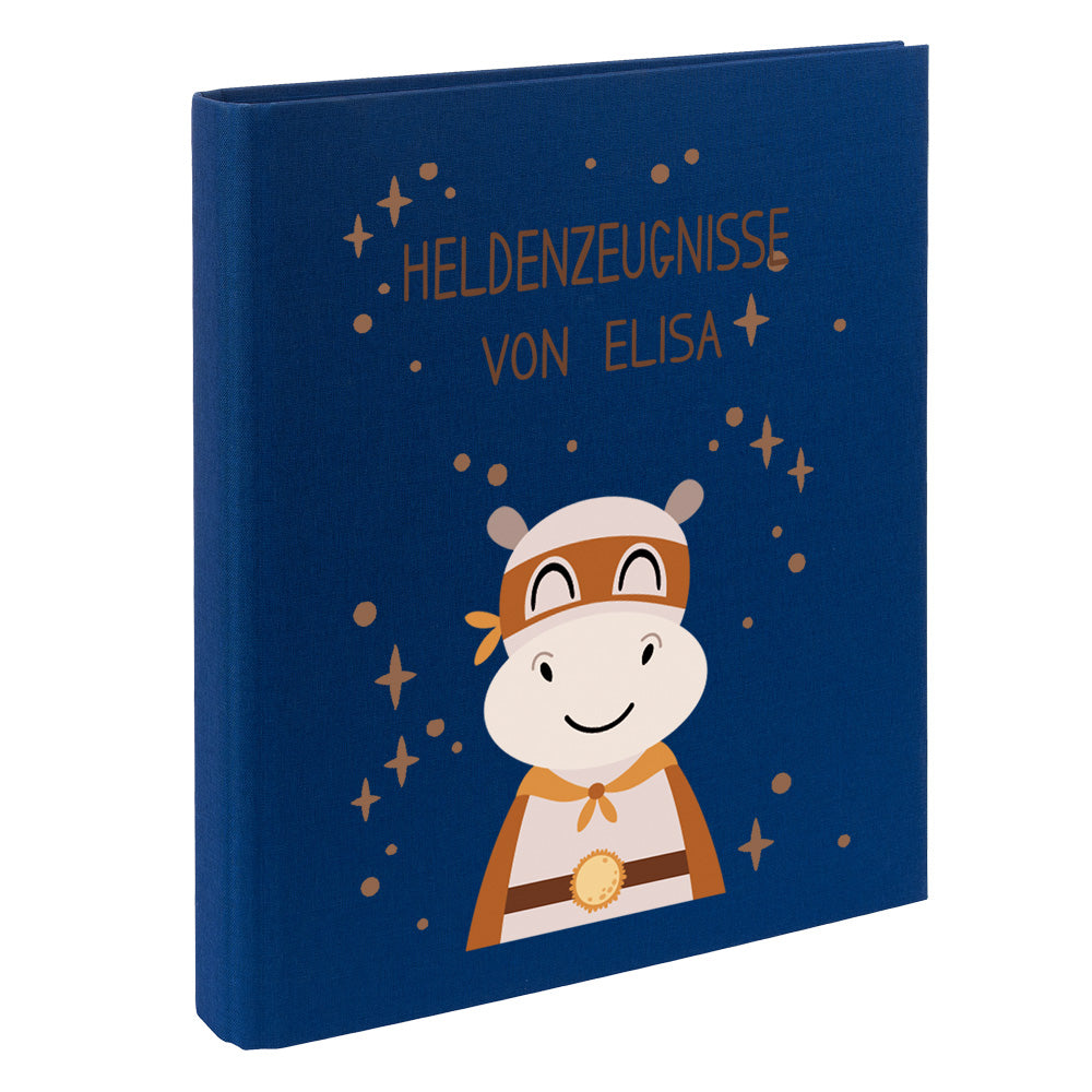 Zeugnismappe mit Namen personalisiert aus Leinen Schulkind Geschenk zur Einschulung Motiv Superheld Nilpferd