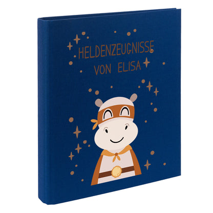 Zeugnismappe mit Namen personalisiert aus Leinen Schulkind Geschenk zur Einschulung Motiv Superheld Nilpferd