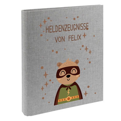 Zeugnismappe mit Namen personalisiert aus Leinen Schulkind Geschenk zur Einschulung Motiv Superheld Bär