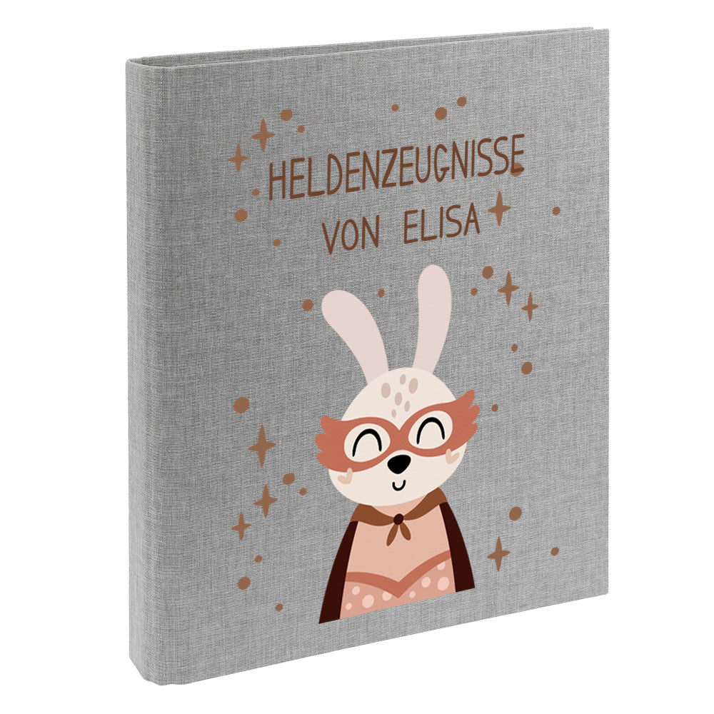 Zeugnismappe mit Namen personalisiert aus Leinen Schulkind Geschenk zur Einschulung Motiv Superheld Hase