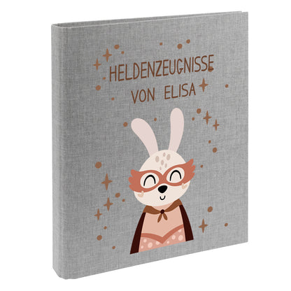 Zeugnismappe mit Namen personalisiert aus Leinen Schulkind Geschenk zur Einschulung Motiv Superheld Hase
