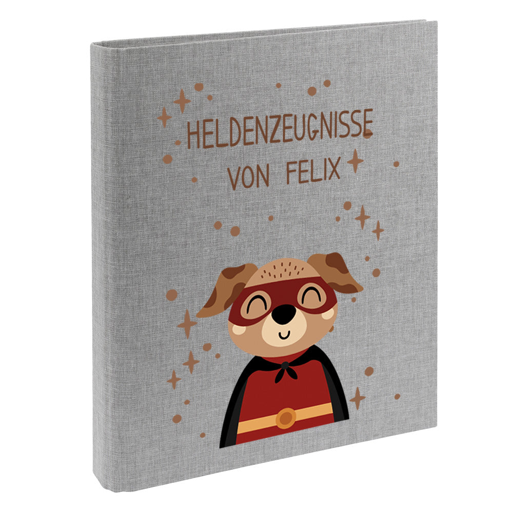 Zeugnismappe mit Namen personalisiert aus Leinen Schulkind Geschenk zur Einschulung Motiv Superheld Hund