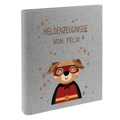 Zeugnismappe mit Namen personalisiert aus Leinen Schulkind Geschenk zur Einschulung Motiv Superheld Hund