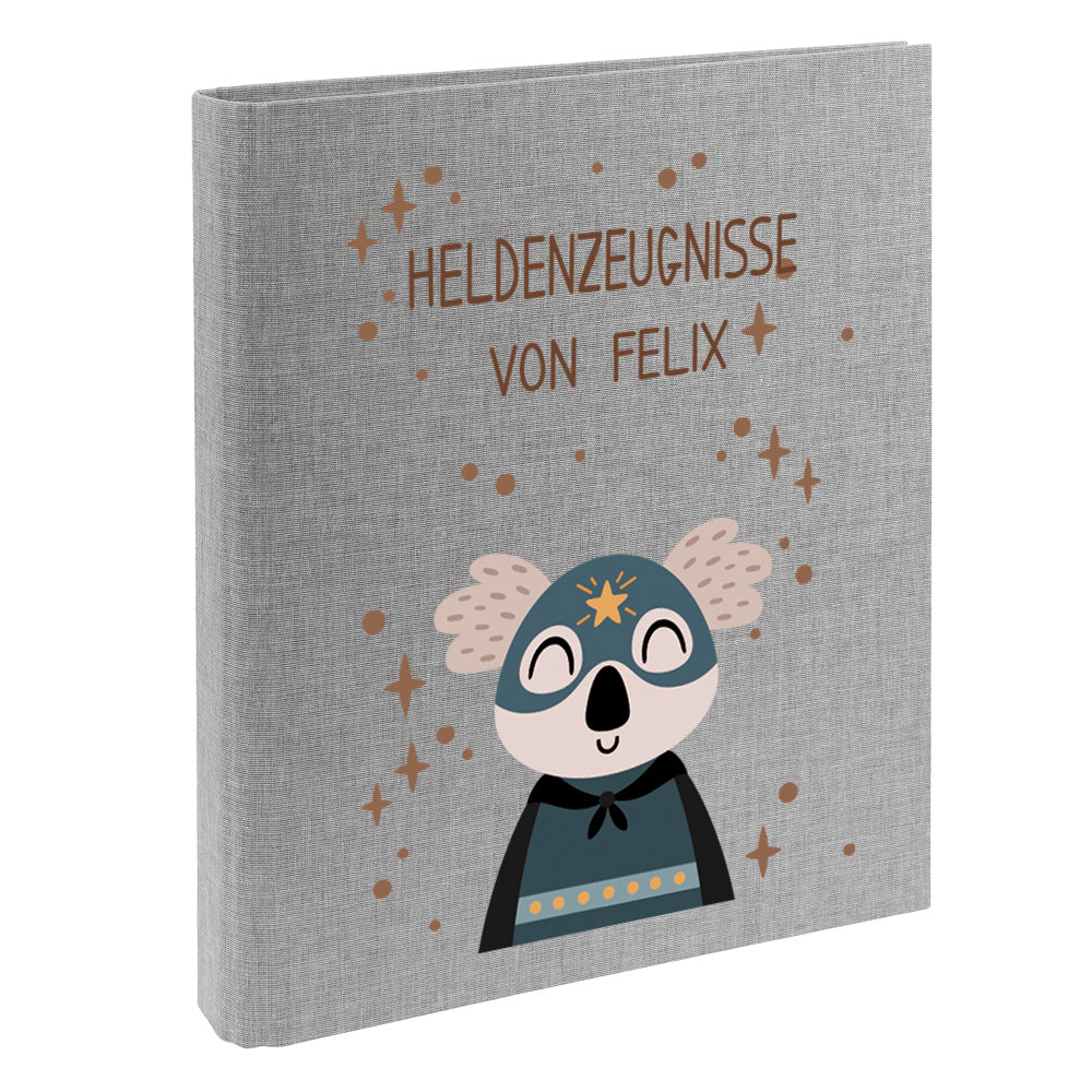 Zeugnismappe mit Namen personalisiert aus Leinen Schulkind Geschenk zur Einschulung Motiv Superheld Koala