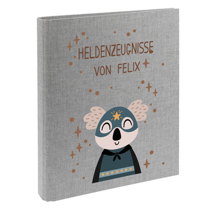 Zeugnismappe mit Namen personalisiert aus Leinen Schulkind Geschenk zur Einschulung Motiv Superheld Koala