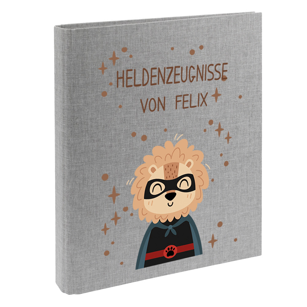 Zeugnismappe mit Namen personalisiert aus Leinen Schulkind Geschenk zur Einschulung Motiv Superheld Löwe