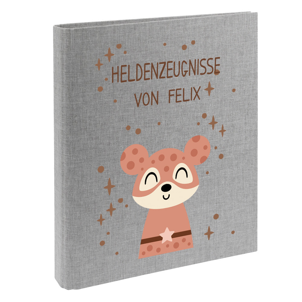 Zeugnismappe mit Namen personalisiert aus Leinen Schulkind Geschenk zur Einschulung Motiv Superheld Maus
