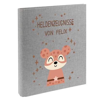 Zeugnismappe mit Namen personalisiert aus Leinen Schulkind Geschenk zur Einschulung Motiv Superheld Maus