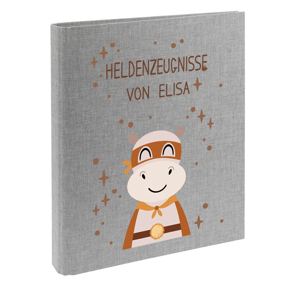 Zeugnismappe mit Namen personalisiert aus Leinen Schulkind Geschenk zur Einschulung Motiv Superheld Nilpferd