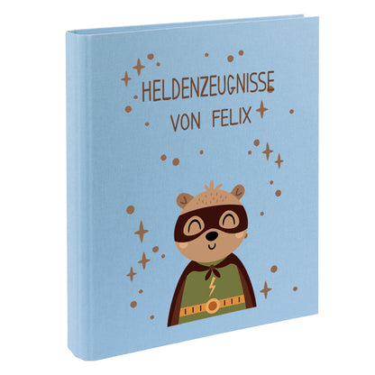 Zeugnismappe mit Namen personalisiert aus Leinen Schulkind Geschenk zur Einschulung Motiv Superheld Bär