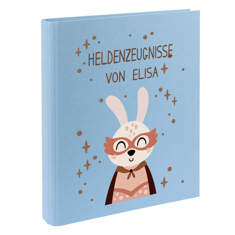 Zeugnismappe mit Namen personalisiert aus Leinen Schulkind Geschenk zur Einschulung Motiv Superheld Hase