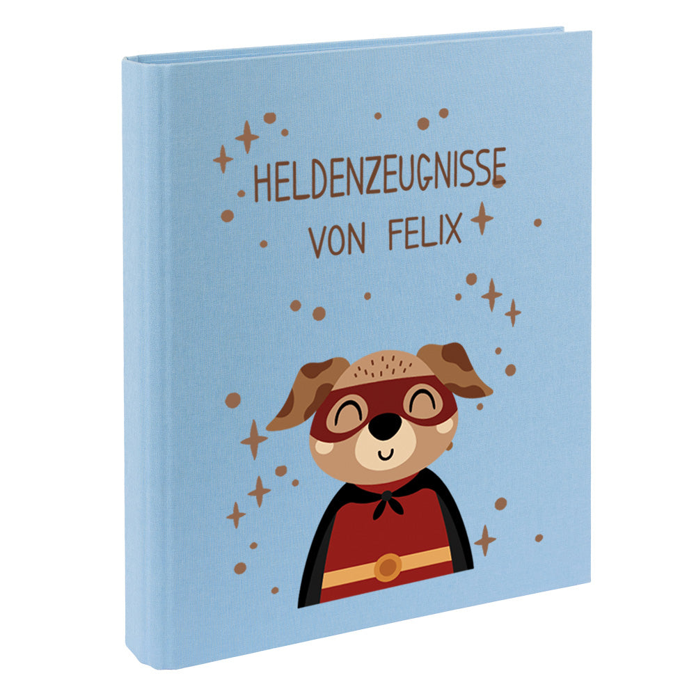 Zeugnismappe mit Namen personalisiert aus Leinen Schulkind Geschenk zur Einschulung Motiv Superheld Hund