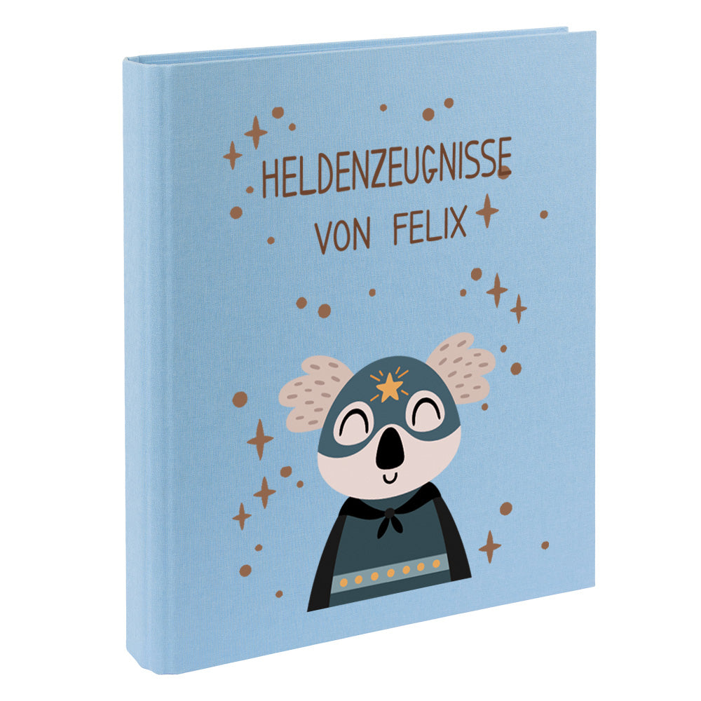 Zeugnismappe mit Namen personalisiert aus Leinen Schulkind Geschenk zur Einschulung Motiv Superheld Koala