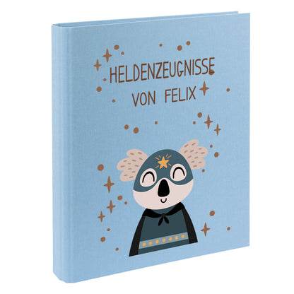 Zeugnismappe mit Namen personalisiert aus Leinen Schulkind Geschenk zur Einschulung Motiv Superheld Koala