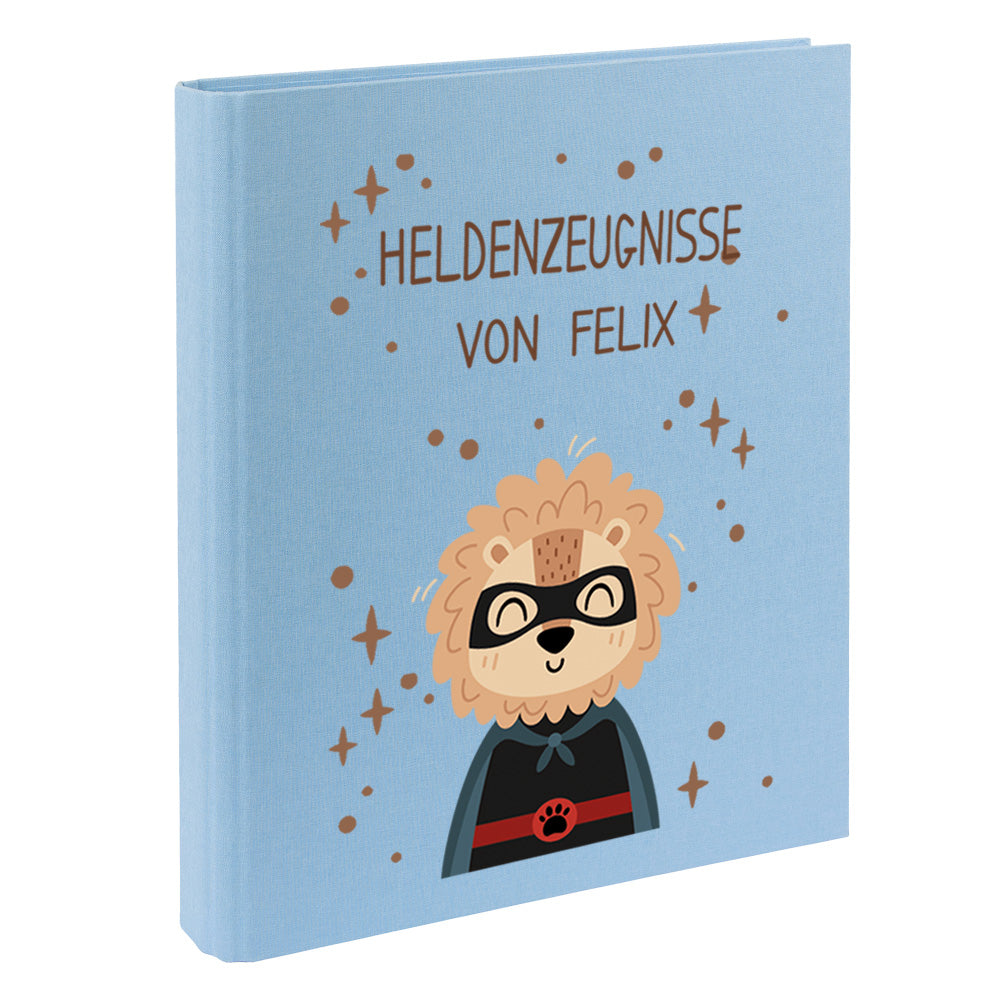 Zeugnismappe mit Namen personalisiert aus Leinen Schulkind Geschenk zur Einschulung Motiv Superheld Löwe