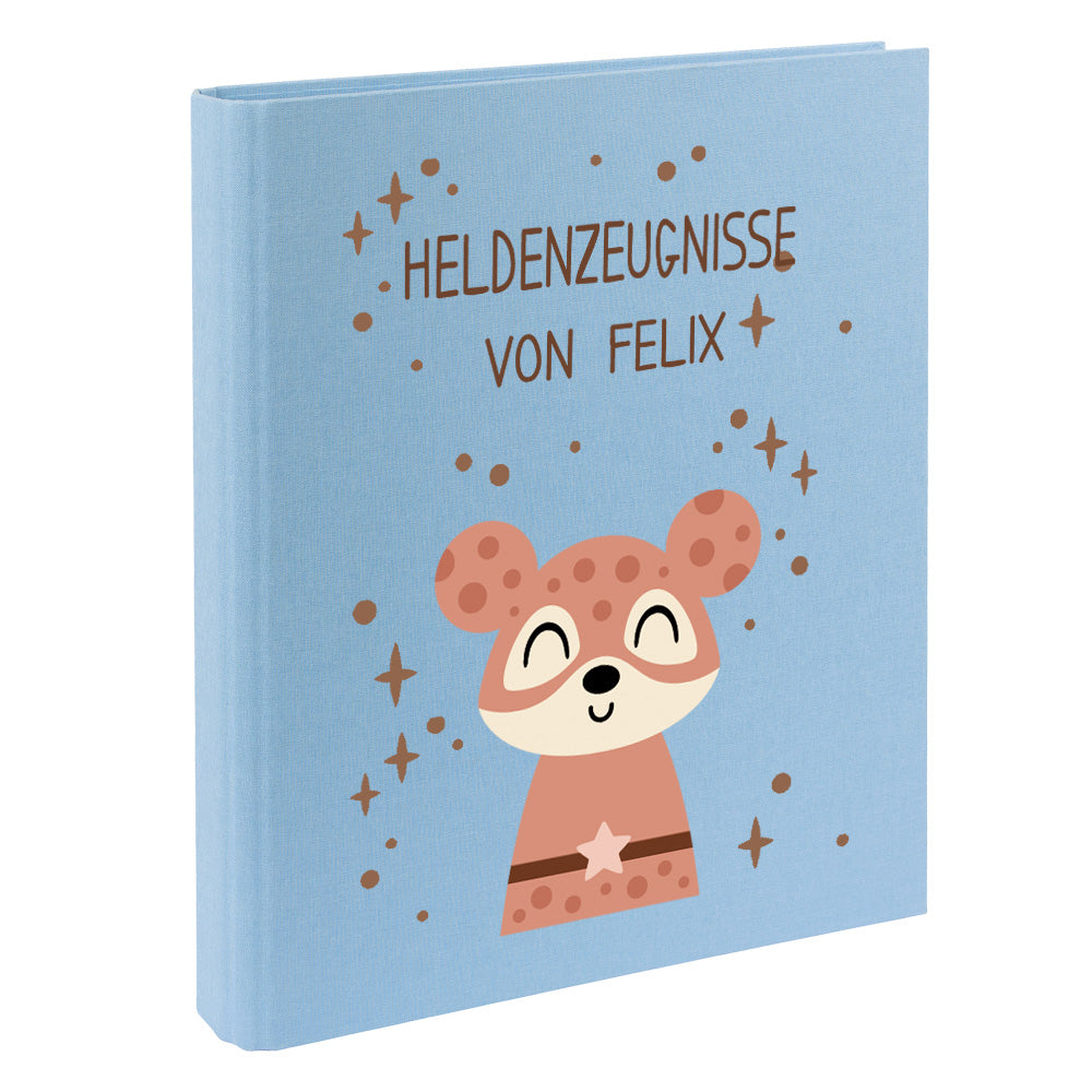 Zeugnismappe mit Namen personalisiert aus Leinen Schulkind Geschenk zur Einschulung Motiv Superheld Maus