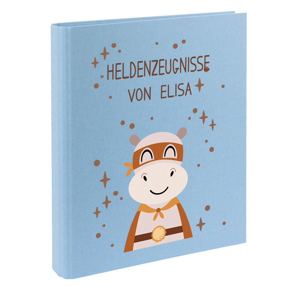 Zeugnismappe mit Namen personalisiert aus Leinen Schulkind Geschenk zur Einschulung Motiv Superheld Nilpferd