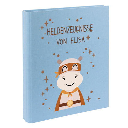 Zeugnismappe mit Namen personalisiert aus Leinen Schulkind Geschenk zur Einschulung Motiv Superheld Nilpferd
