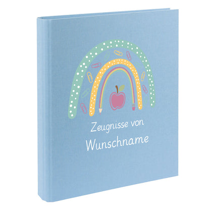 Zeugnismappe mit Namen personalisiert aus Leinen Schulkind Geschenk zur Einschulung Motiv Stiftebogen