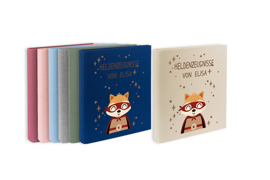 Zeugnismappe mit Namen personalisiert aus Leinen Schulkind Geschenk zur Einschulung Motiv Superheld Fuchs