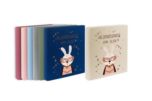 Zeugnismappe mit Namen personalisiert aus Leinen Schulkind Geschenk zur Einschulung Motiv Superheld Hase