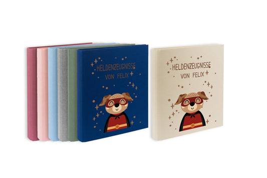 Zeugnismappe mit Namen personalisiert aus Leinen Schulkind Geschenk zur Einschulung Motiv Superheld Hund