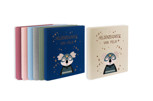 Zeugnismappe mit Namen personalisiert aus Leinen Schulkind Geschenk zur Einschulung Motiv Superheld Koala