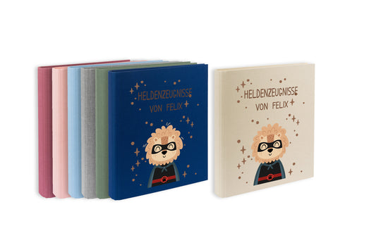 Zeugnismappe mit Namen personalisiert aus Leinen Schulkind Geschenk zur Einschulung Motiv Superheld Löwe