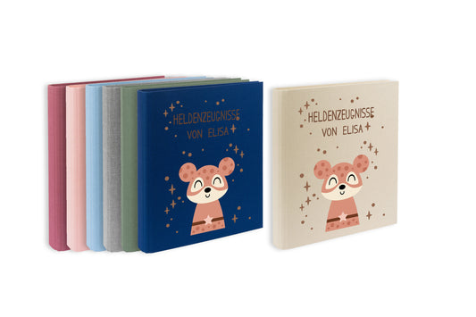 Zeugnismappe mit Namen personalisiert aus Leinen Schulkind Geschenk zur Einschulung Motiv Superheld Maus