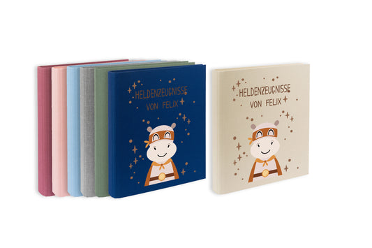 Zeugnismappe mit Namen personalisiert aus Leinen Schulkind Geschenk zur Einschulung Motiv Superheld Nilpferd